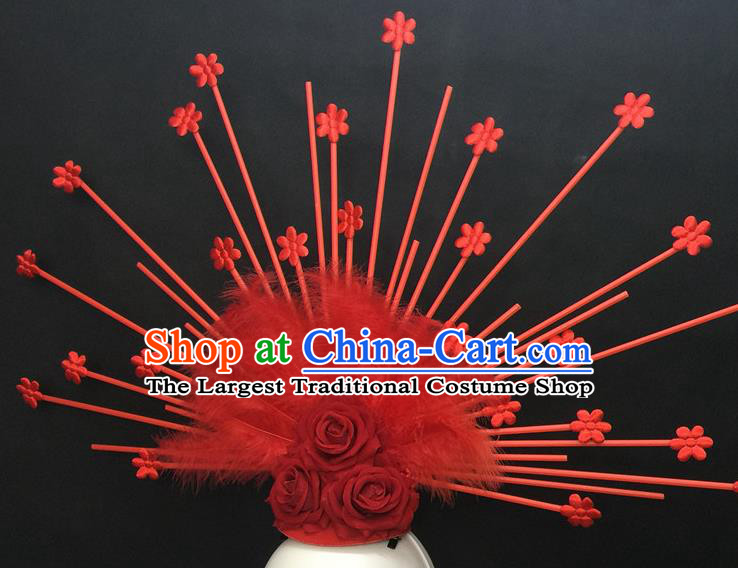 Top Halloween Fancy Ball Hair Clasp Gothic Red Rose Headdress Cosplay Party Feather Hair Accessories Catwalks Goddess Royal Crown
