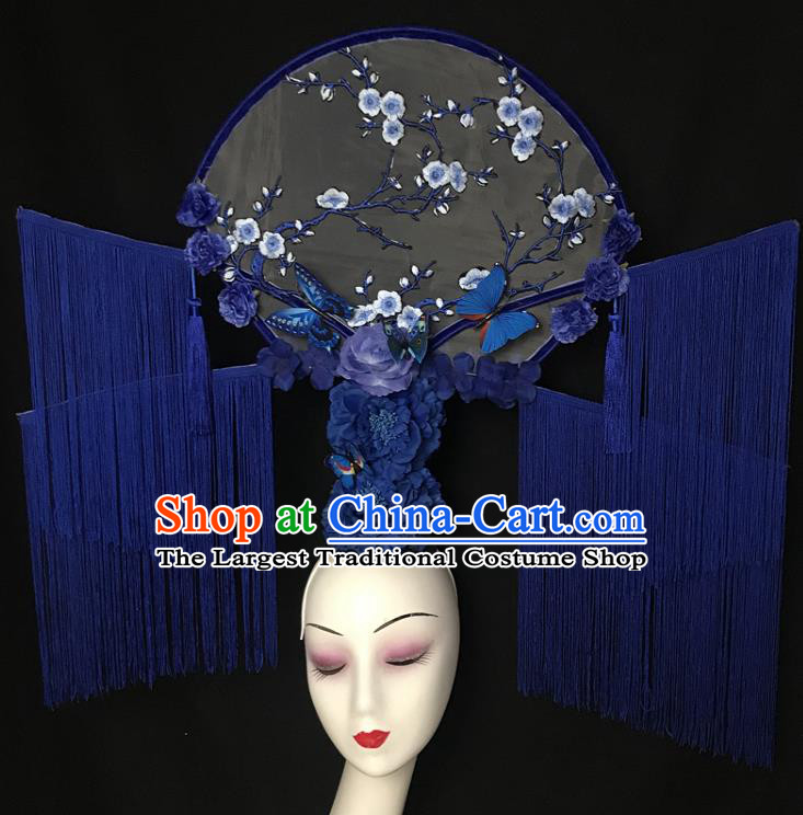 China Court Fan Hair Clasp Catwalks Fashion Tassel Headdress Handmade Bride Giant Headwear Cheongsam Show Embroidered Plum Hair Crown