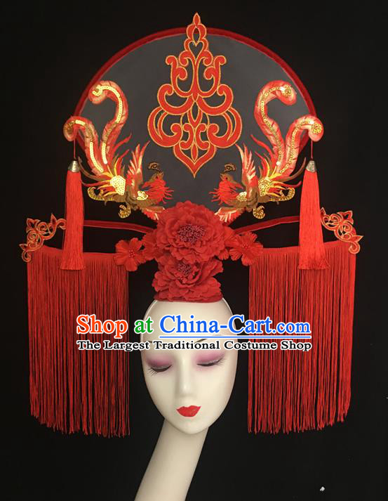 China Court Phoenix Fan Hair Clasp Catwalks Fashion Red Tassel Headdress Handmade Bride Giant Headwear Cheongsam Show Hair Crown