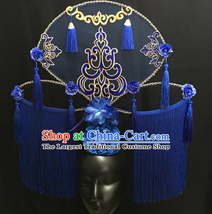 China Handmade Bride Giant Headwear Cheongsam Show Blue Tassel Hair Crown Court Fan Hair Clasp Catwalks Fashion Headdress
