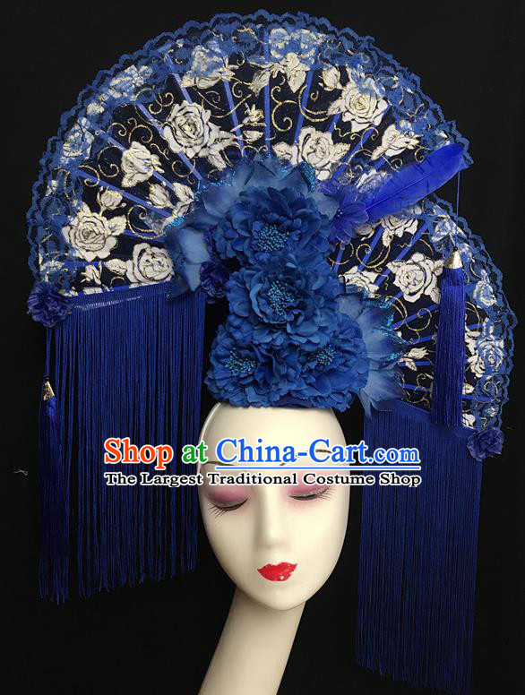 China Cheongsam Show Lace Fan Hair Crown Traditional Court Deep Blue Peony Tassel Hair Clasp Handmade Catwalks Fashion Bride Giant Headdress