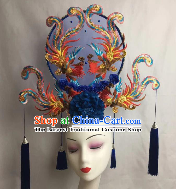 China Handmade Bride Giant Headwear Cheongsam Show Blue Phoenix Hair Crown Court Fan Tassel Hair Clasp Catwalks Fashion Headdress