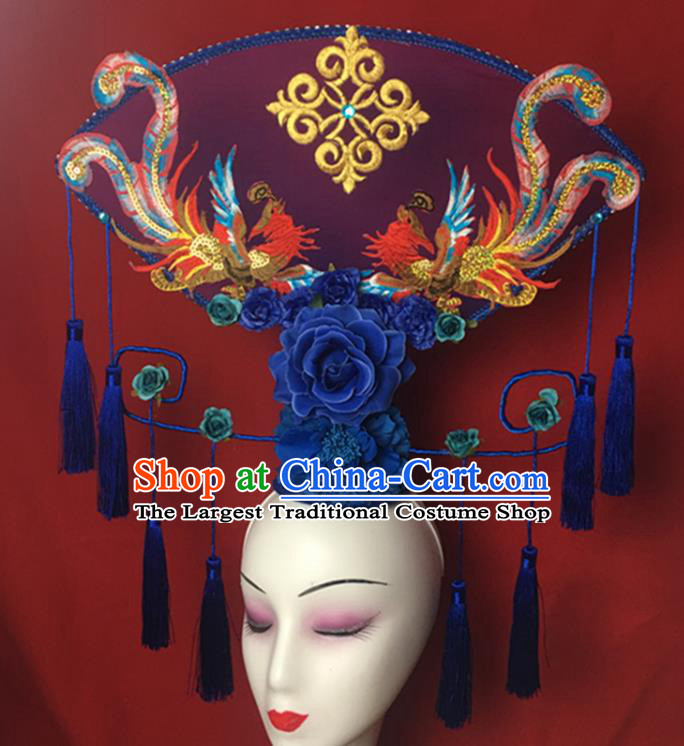 China Catwalks Giant Headdress Handmade Bride Fashion Headwear Cheongsam Show Blue Fan Hair Crown Court Sequins Phoenix Hair Clasp