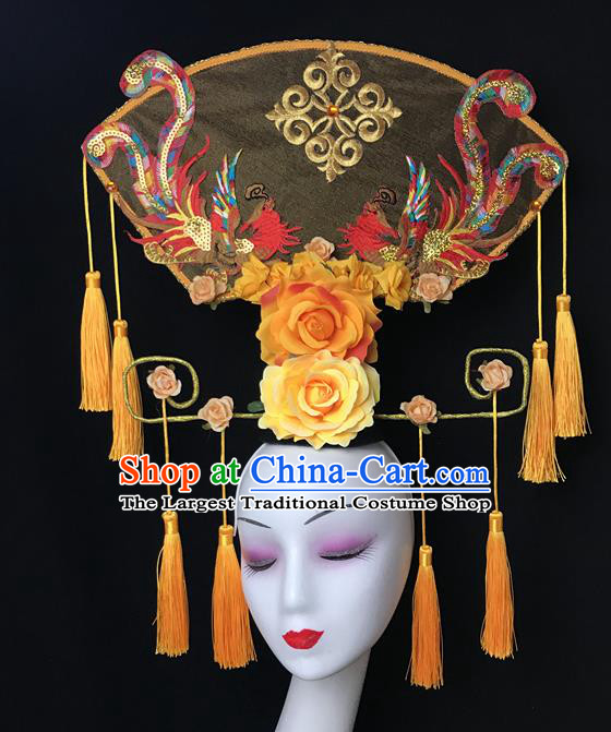 China Court Sequins Phoenix Hair Clasp Catwalks Giant Headdress Handmade Bride Fashion Headwear Cheongsam Show Yellow Fan Hair Crown