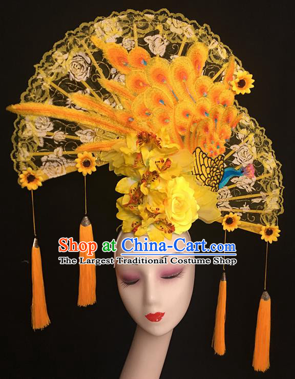China Cheongsam Show Embroidered Phoenix Hair Crown Court Yellow Lace Fan Hair Clasp Catwalks Fashion Headdress Handmade Bride Giant Headwear