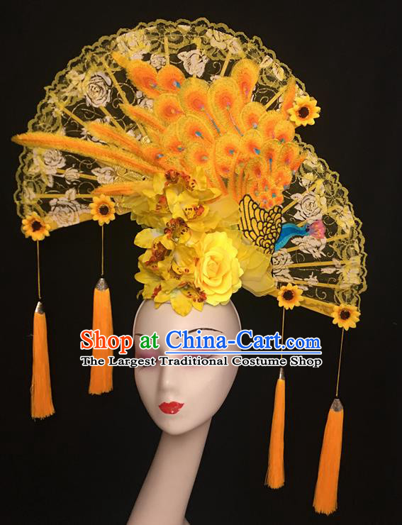 China Cheongsam Show Embroidered Phoenix Hair Crown Court Yellow Lace Fan Hair Clasp Catwalks Fashion Headdress Handmade Bride Giant Headwear