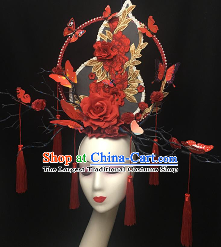 China Handmade Bride Fashion Headwear Cheongsam Show Red Gourd Hair Crown Court Tassel Hair Clasp Catwalks Giant Headdress