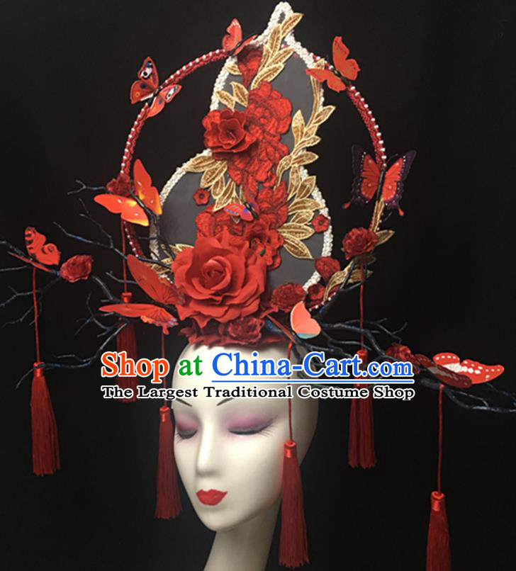 China Handmade Bride Fashion Headwear Cheongsam Show Red Gourd Hair Crown Court Tassel Hair Clasp Catwalks Giant Headdress