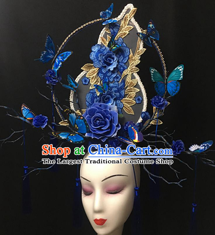 China Catwalks Giant Headdress Handmade Bride Fashion Headwear Cheongsam Show Blue Gourd Hair Crown Court Tassel Hair Clasp