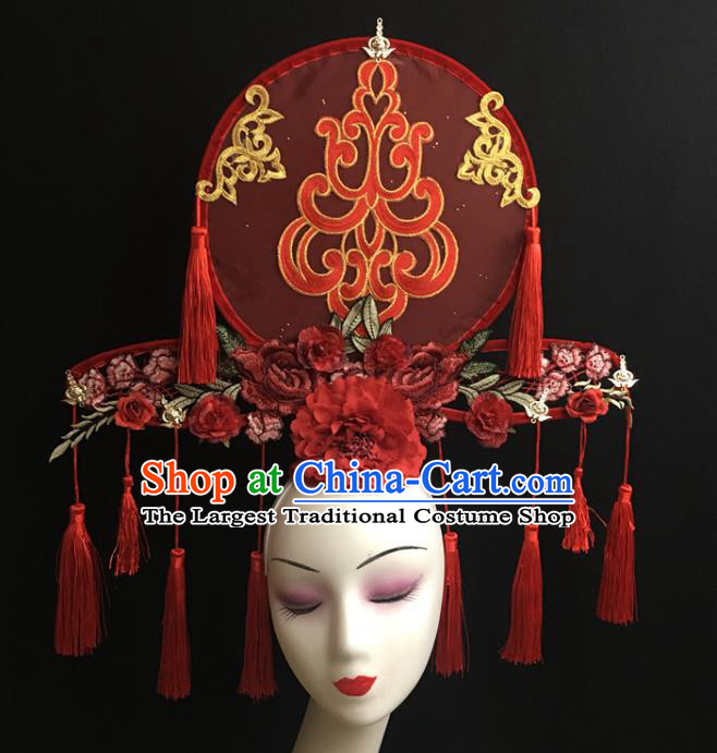 China Handmade Fashion Headwear Cheongsam Show Hair Crown Court Red Fan Tassel Hair Clasp Catwalks Bride Giant Headdress