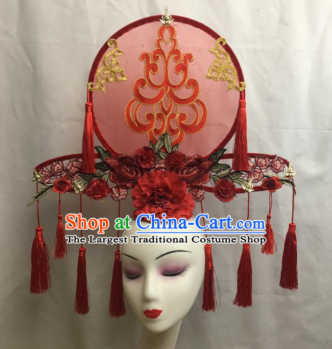China Handmade Fashion Headwear Cheongsam Show Hair Crown Court Red Fan Tassel Hair Clasp Catwalks Bride Giant Headdress