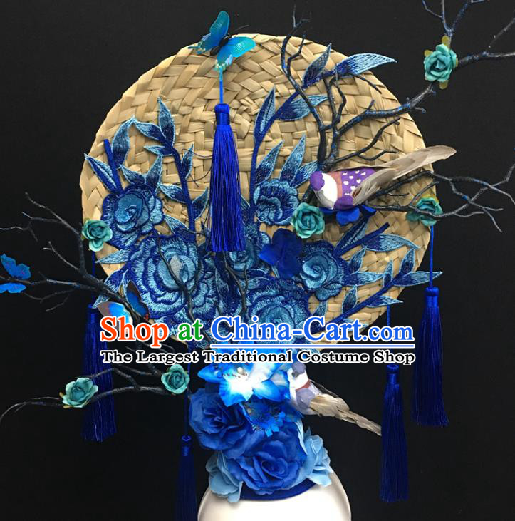 China Catwalks Bride Giant Headdress Handmade Fashion Headwear Cheongsam Show Embroidered Peony Hair Crown Court Rattan Fan Hair Clasp