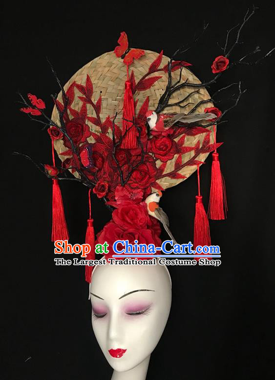 China Court Rattan Fan Hair Clasp Catwalks Bride Giant Headdress Handmade Fashion Headwear Cheongsam Show Embroidered Peony Hair Crown