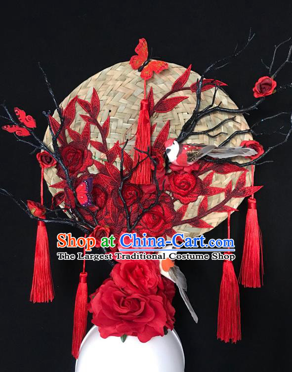 China Court Rattan Fan Hair Clasp Catwalks Bride Giant Headdress Handmade Fashion Headwear Cheongsam Show Embroidered Peony Hair Crown