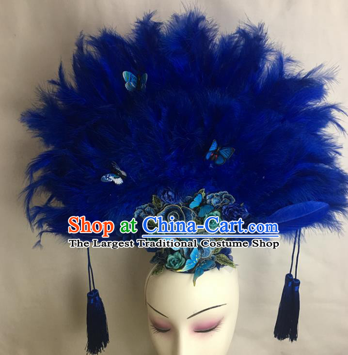 China Cheongsam Show Blue Feather Hair Crown Court Fan Hair Clasp Catwalks Bride Giant Headdress Handmade Fashion Butterfly Headwear