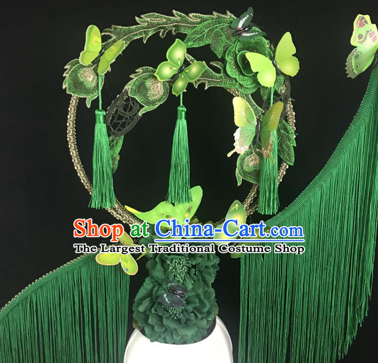 China Catwalks Deluxe Tassel Headdress Handmade Bride Fashion Headwear Qipao Show Hair Crown Court Green Flowers Top Hat