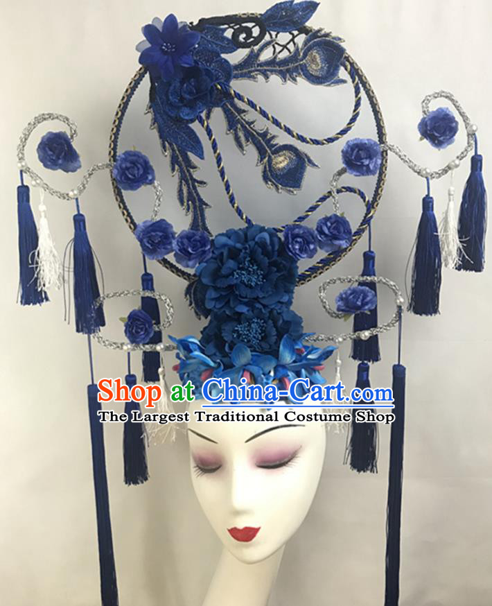 China Court Blue Flowers Top Hat Catwalks Deluxe Tassel Headdress Handmade Bride Fashion Headwear Qipao Show Hair Crown