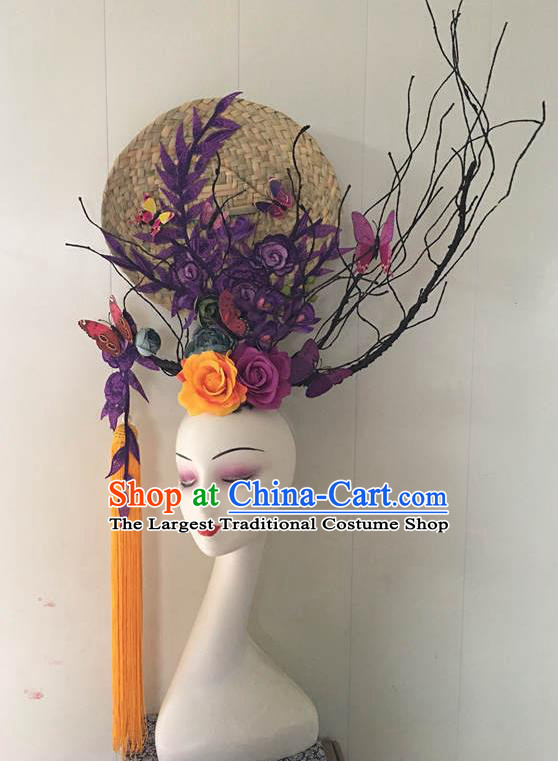 China Qipao Show Purple Flowers Hair Crown Court Rattan Fan Top Hat Catwalks Deluxe Tassel Headdress Handmade Bride Fashion Headwear