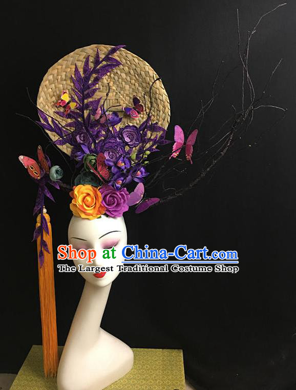 China Qipao Show Purple Flowers Hair Crown Court Rattan Fan Top Hat Catwalks Deluxe Tassel Headdress Handmade Bride Fashion Headwear