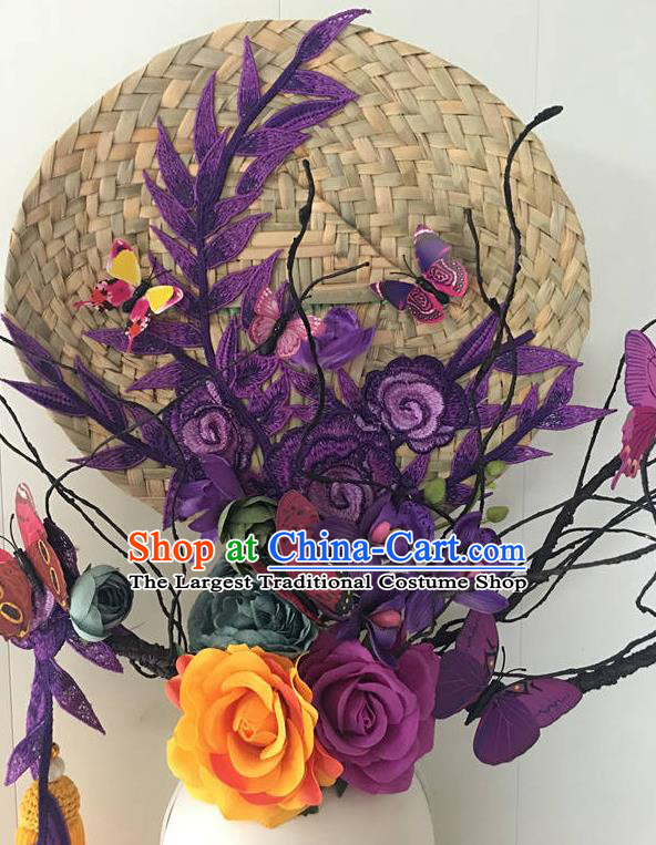 China Qipao Show Purple Flowers Hair Crown Court Rattan Fan Top Hat Catwalks Deluxe Tassel Headdress Handmade Bride Fashion Headwear