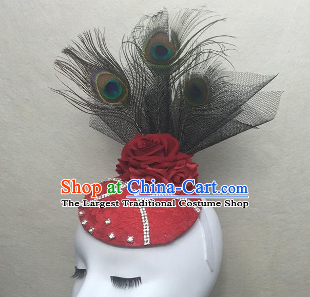 Top Brazilian Carnival Feather Headdress Cosplay Party Hair Accessories Catwalks Bride Red Lace Royal Crown Halloween Fancy Ball Top Hat
