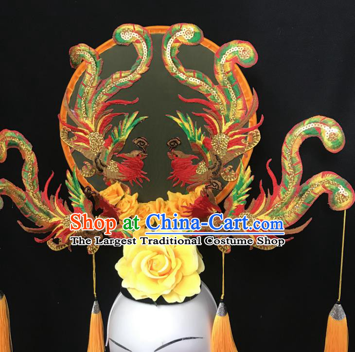China Court Orange Fan Hair Clasp Catwalks Fashion Headdress Handmade Bride Giant Headwear Cheongsam Show Embroidered Phoenix Hair Crown
