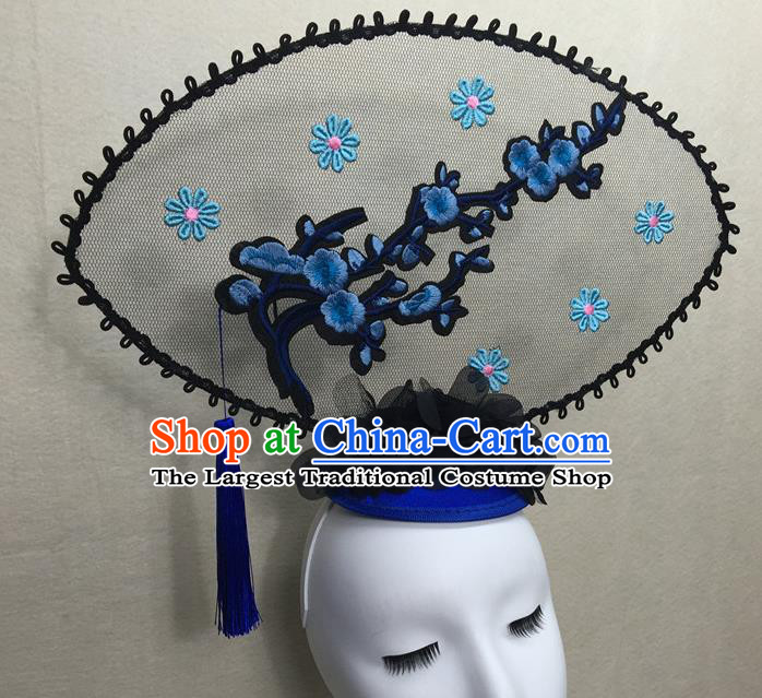 Chinese Cheongsam Catwalks Deluxe Headwear Handmade Fashion Show Giant Hair Crown Traditional Stage Court Embroidered Blue Plum Top Hat