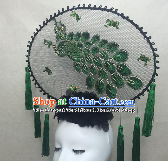 Chinese Traditional Stage Court Embroidered Peacock Top Hat Cheongsam Catwalks Deluxe Headwear Handmade Fashion Show Giant Hair Crown