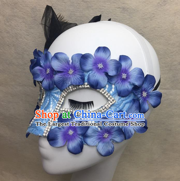 Handmade Rio Carnival Feather Face Mask Halloween Cosplay Blue Flowers Mask Costume Party Blinder Headpiece