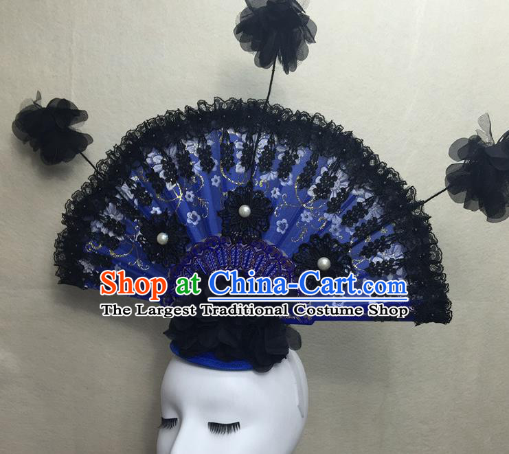 Chinese Traditional Stage Court Black Lace Top Hat Cheongsam Catwalks Deluxe Headwear Handmade Fashion Show Giant Fan Hair Crown
