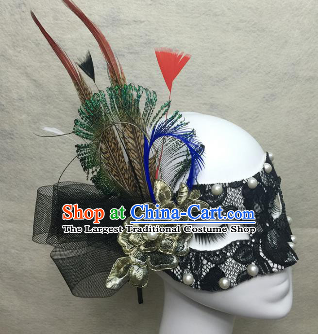 Handmade Rio Carnival Black Lace Face Mask Halloween Cosplay Show Feather Mask Costume Party Pearls Blinder Headpiece