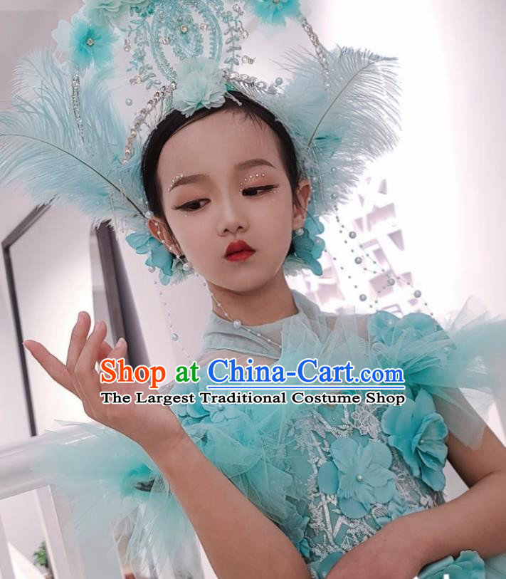 Custom Girl Princess Stage Show Clothing Brazil Parade Dance Blue Full Dress Children Catwalks Garment Costume and Feather Royal Crown