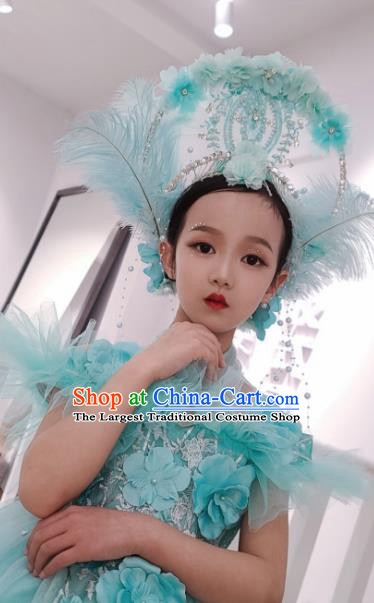 Custom Girl Princess Stage Show Clothing Brazil Parade Dance Blue Full Dress Children Catwalks Garment Costume and Feather Royal Crown