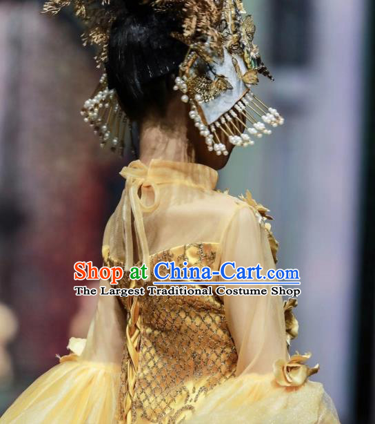 Custom Children Catwalks Garment Costume Girl Dance Performance Clothing Stage Show Yellow Full Dress and Headdress