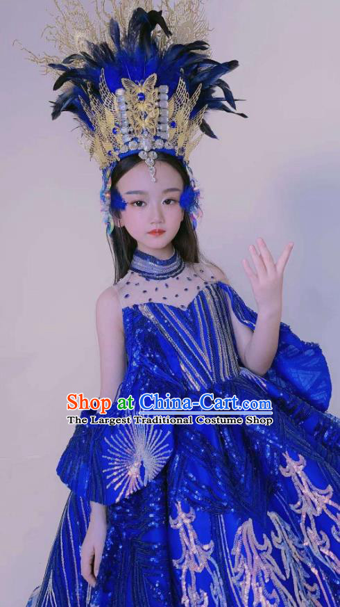 Top Brazil Parade Headdress Halloween Cosplay Hair Accessories Catwalks Blue Feather Royal Crown Baroque Top Hat