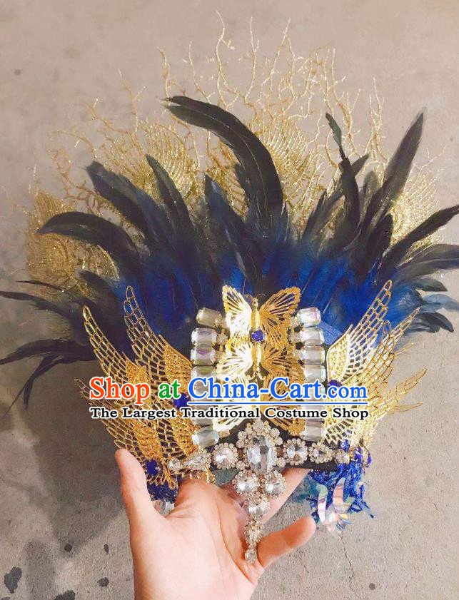 Top Brazil Parade Headdress Halloween Cosplay Hair Accessories Catwalks Blue Feather Royal Crown Baroque Top Hat