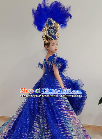 Customized Children Catwalks Garment Costume Girl Stage Show Clothing Brazil Parade Dance Royalblue Trailing Dress and Headdress