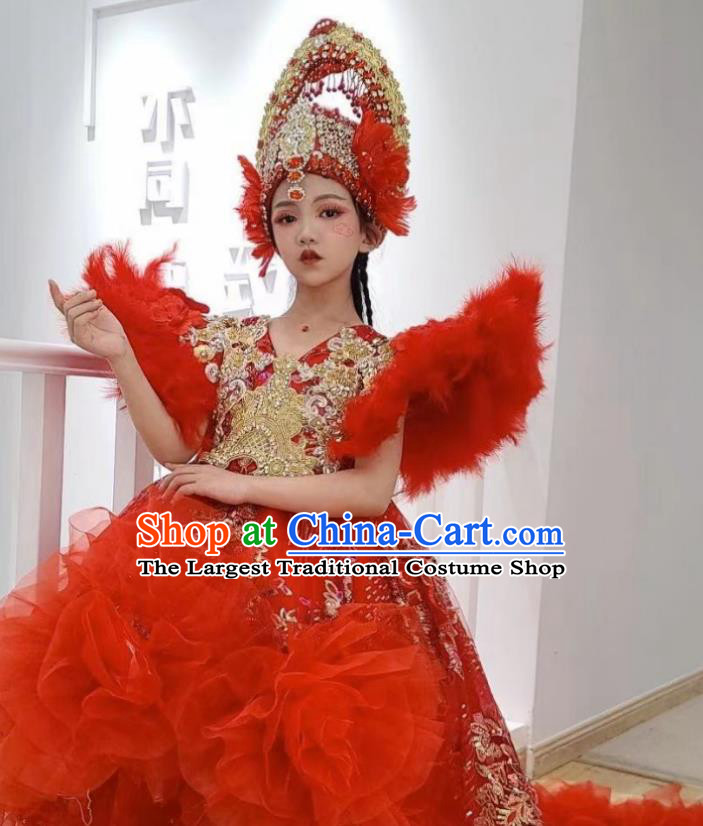 Customized Girl Stage Show Clothing Brazil Parade Dance Red Feather Trailing Full Dress Children Catwalks Garment Costume and Royal Crown