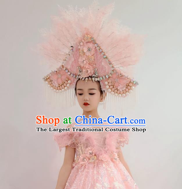 Customized Children Catwalks Garment Costume Girl Stage Show Clothing Brazil Parade Dance Trailing Full Dress and Pink Feather Headwear