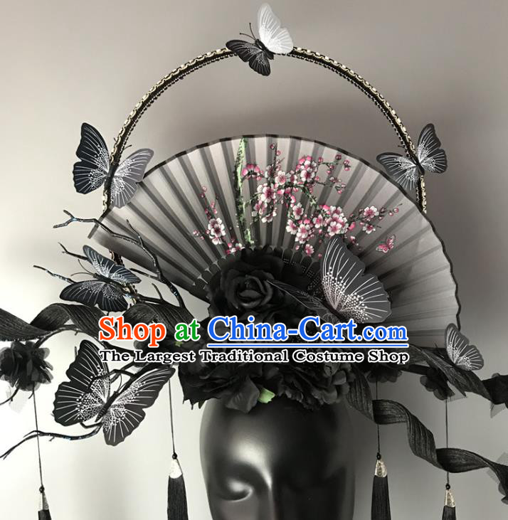 Chinese Traditional Stage Court Fan Tassel Top Hat Cheongsam Catwalks Deluxe Headwear Handmade Fashion Show Giant Black Butterfly Hair Crown