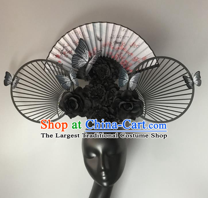 Chinese Handmade Fashion Show Giant Black Flowers Hair Crown Traditional Stage Court Fan Top Hat Cheongsam Catwalks Deluxe Headwear
