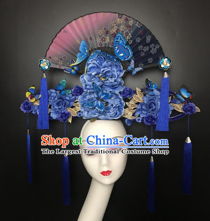 Chinese Cheongsam Catwalks Deluxe Headwear Handmade Fashion Show Giant Blue Peony Hair Crown Traditional Stage Court Fan Top Hat