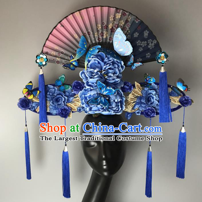 Chinese Cheongsam Catwalks Deluxe Headwear Handmade Fashion Show Giant Blue Peony Hair Crown Traditional Stage Court Fan Top Hat
