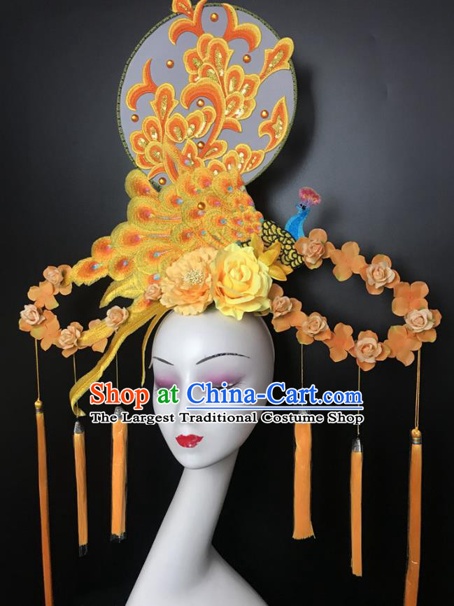 Chinese Traditional Stage Court Yellow Peacock Top Hat Cheongsam Catwalks Giant Headwear Handmade Fashion Show Embroidered Fan Hair Crown