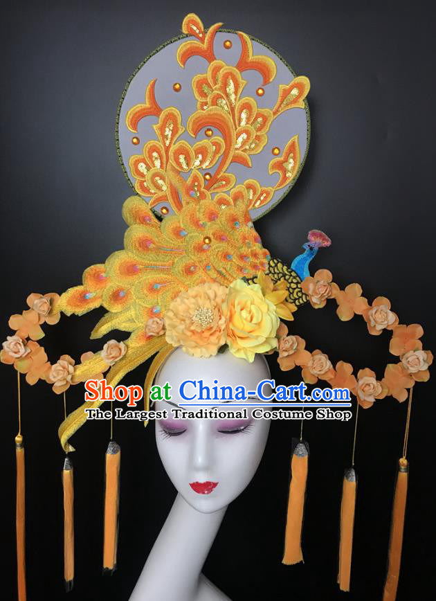 Chinese Traditional Stage Court Yellow Peacock Top Hat Cheongsam Catwalks Giant Headwear Handmade Fashion Show Embroidered Fan Hair Crown