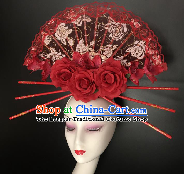 Chinese Handmade Fashion Show Red Rose Hair Crown Traditional Stage Court Lace Fan Top Hat Cheongsam Catwalks Giant Headdress