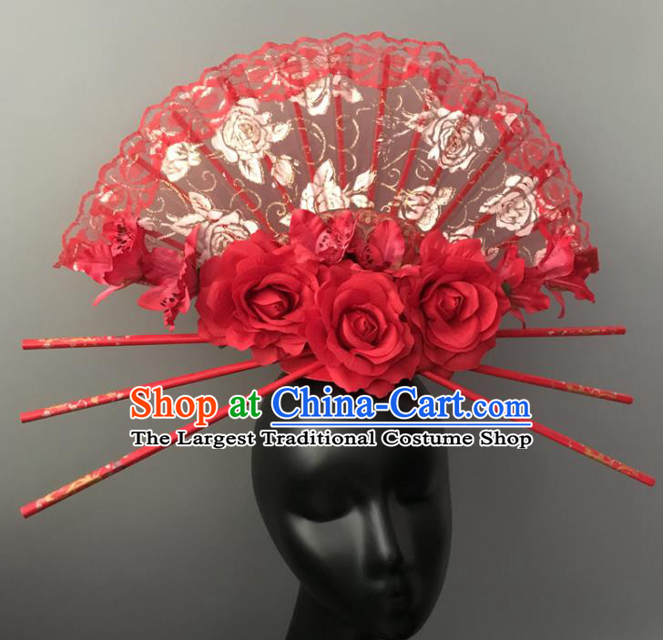 Chinese Handmade Fashion Show Red Rose Hair Crown Traditional Stage Court Lace Fan Top Hat Cheongsam Catwalks Giant Headdress