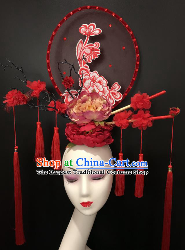 Chinese Cheongsam Catwalks Giant Headdress Handmade Fashion Show Tassel Hair Crown Traditional Stage Court Peony Flowers Top Hat