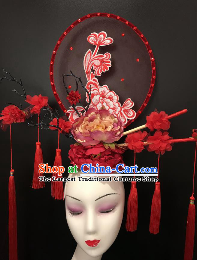 Chinese Cheongsam Catwalks Giant Headdress Handmade Fashion Show Tassel Hair Crown Traditional Stage Court Peony Flowers Top Hat