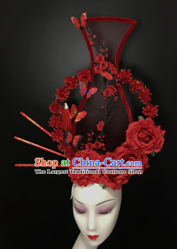 Chinese Traditional Stage Court Red Vase Top Hat Cheongsam Catwalks Giant Headdress Handmade Fashion Show Flowers Hair Crown